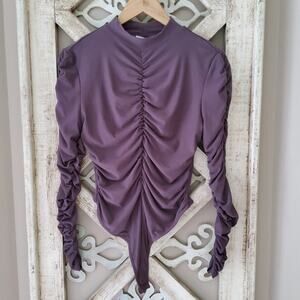 Derek Heart Women's Junior Soft Ruched Mock Neck Long Sleeve Bodysuit in Purple